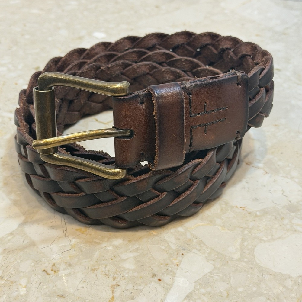 Frye Size 38 Braided Woven Brown Leather Belt Boho  Country Cowboy Mens